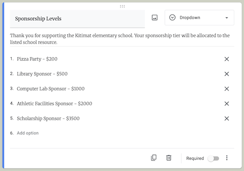 Example of a dropdown question for sponsorship levels on a Payable Google Form. 